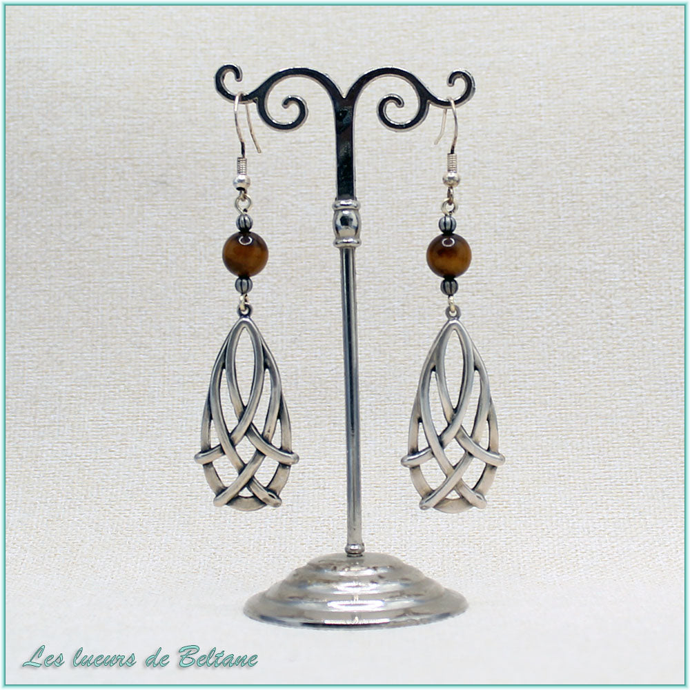 Boucles d'oreilles Seren, goutte celtique et pierre d'œil de tigre