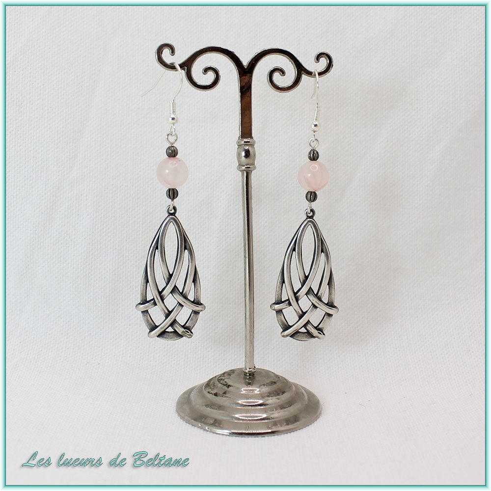 Boucles d'oreilles Seren, goutte celtique et quartz rose