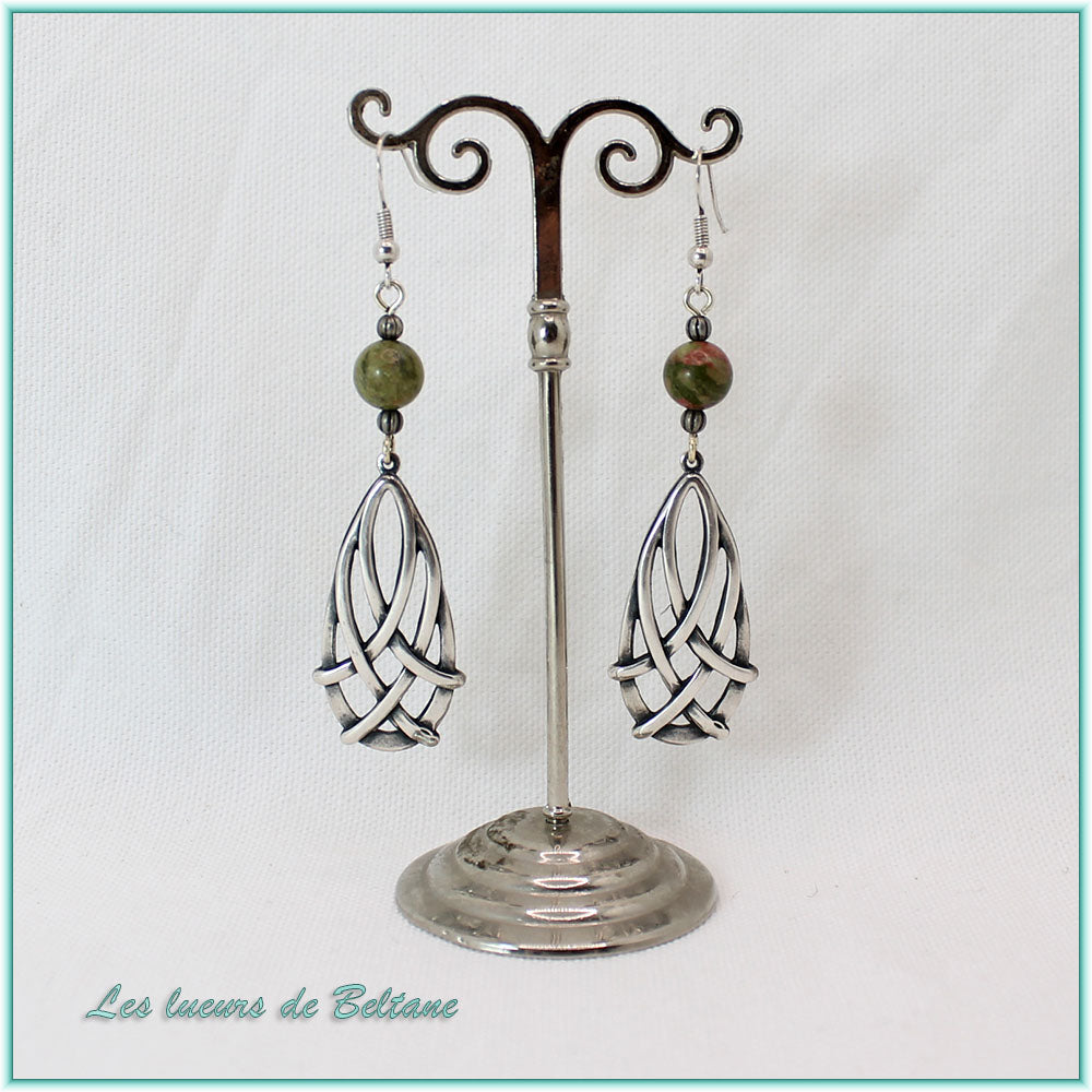 Boucles d'oreilles Seren, goutte celtique et pierre d'unakite