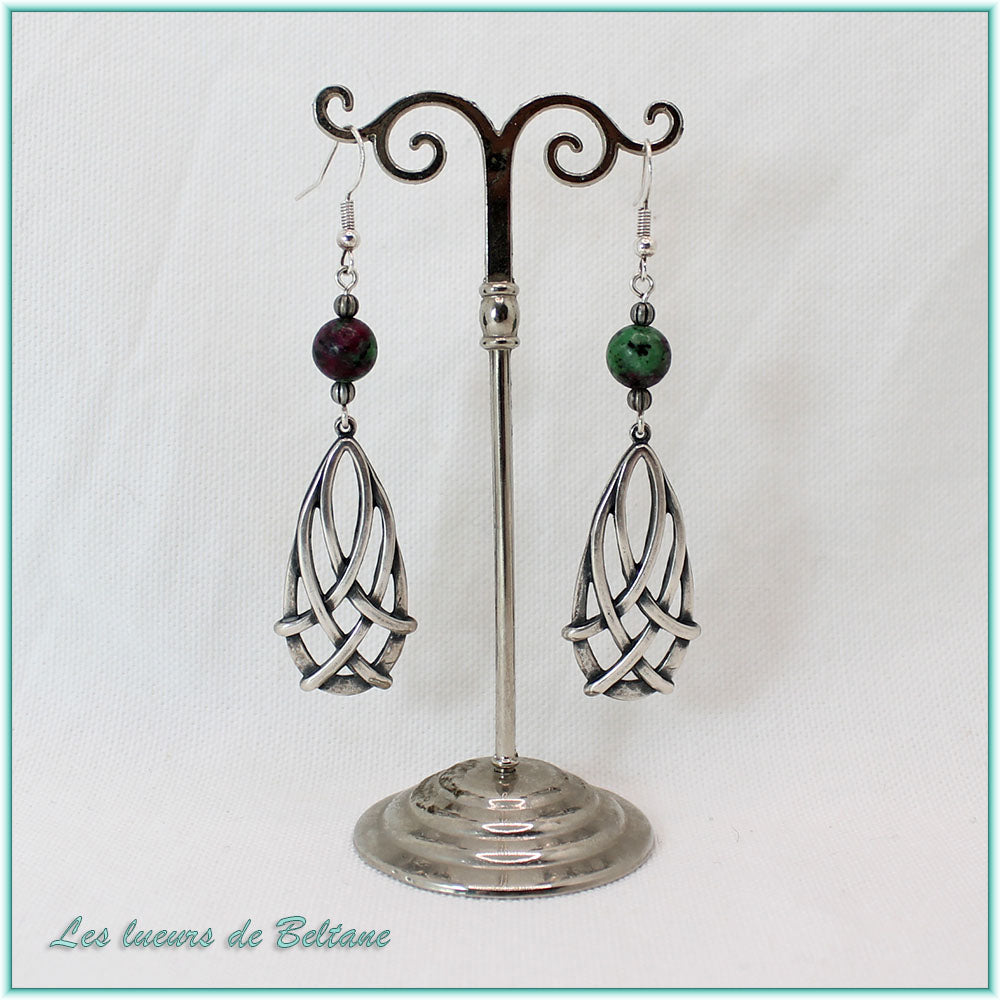 Boucles d'oreilles Seren, goutte celtique et pierre de zoïsite