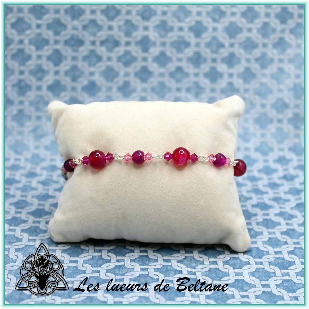 Bracelet pierre et cristal, agate rose fuchsia, autre vue