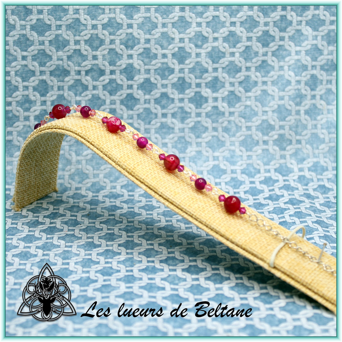 Bracelet pierre et cristal, agate rose fuchsia
