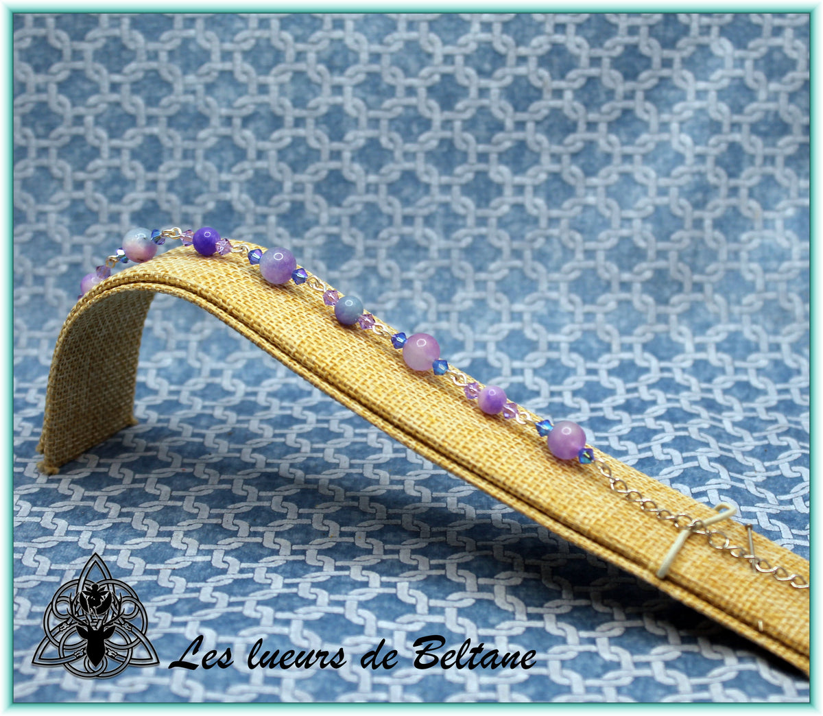 Bracelet pierre et cristal, agate violette et bleue