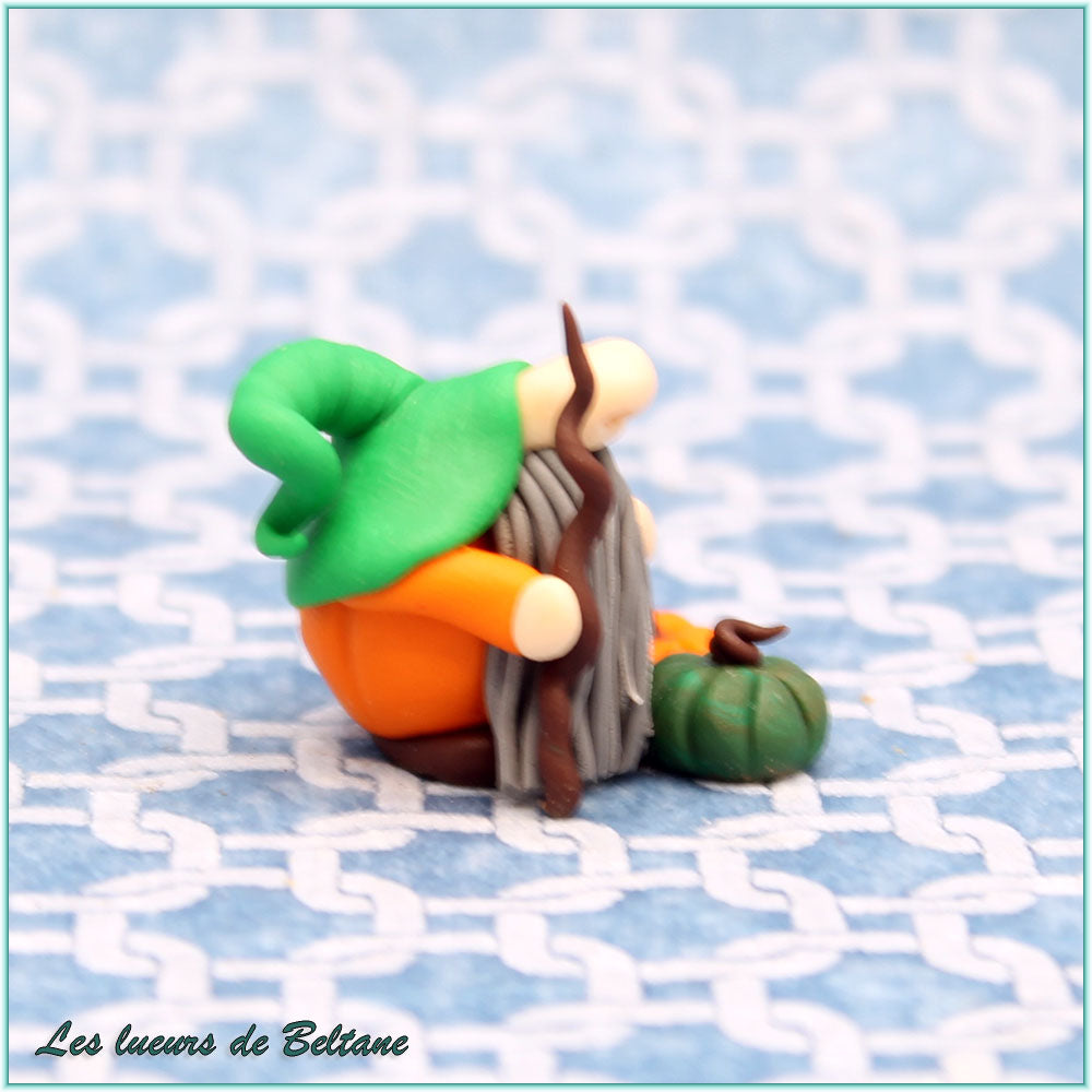 Aengus, gnome citrouille fait main, vue rapprochée sur ses deux citrouilles