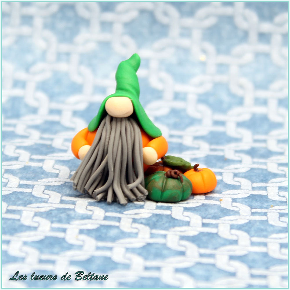 Cian, gnome citrouille entouré de trois courges, fait main en pâte polymère