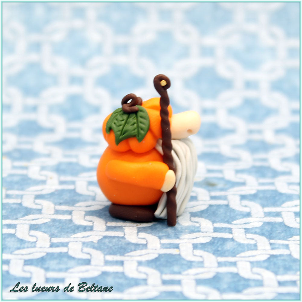 Lugh, gnome au bonnet citrouille et feuille verte, vu de profil