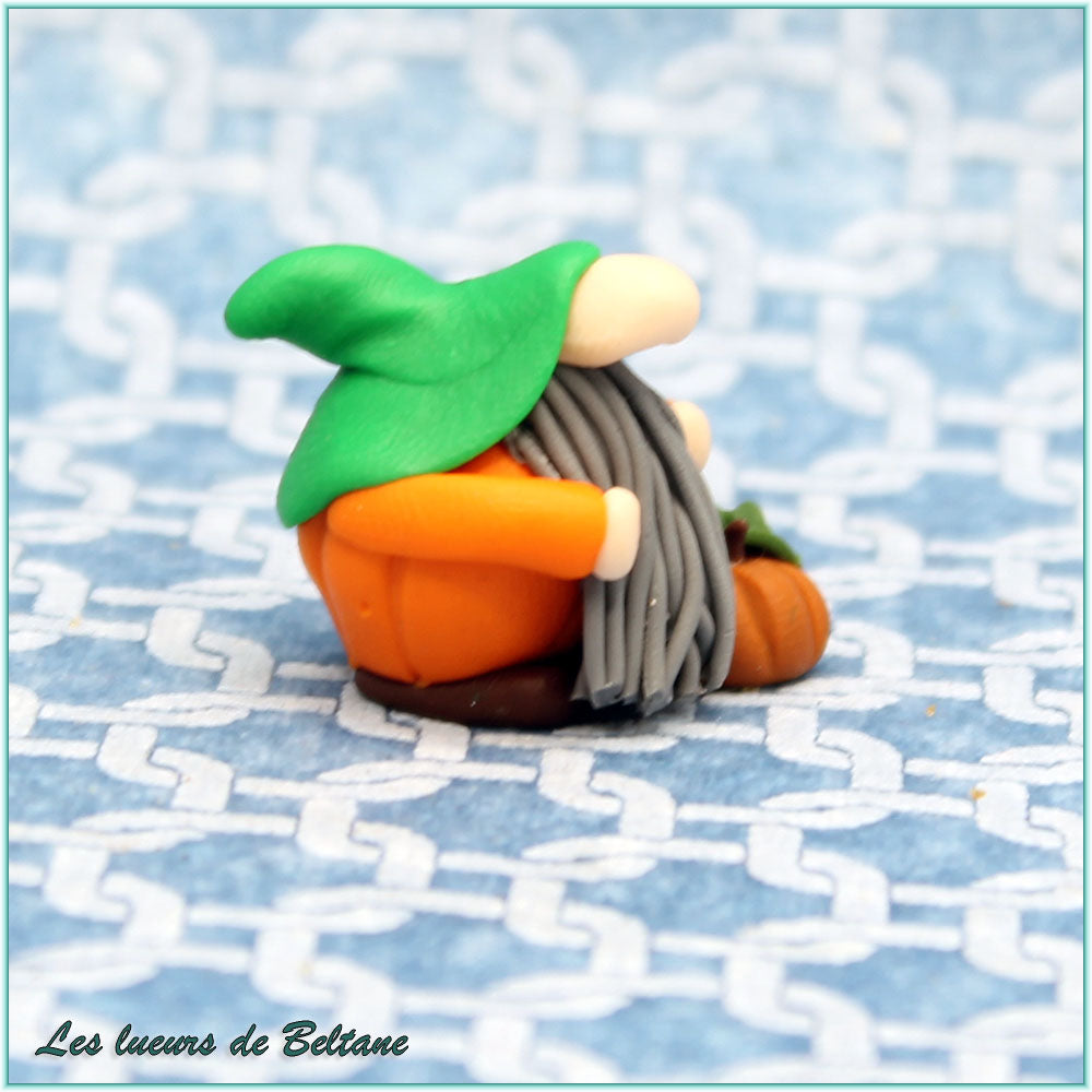 Oisín, petit gnome citrouille et sa citrouille à feuille verte, vu de profil