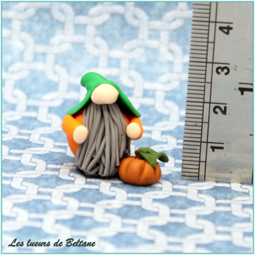Oisín, petit gnome citrouille fait main, vue de dos