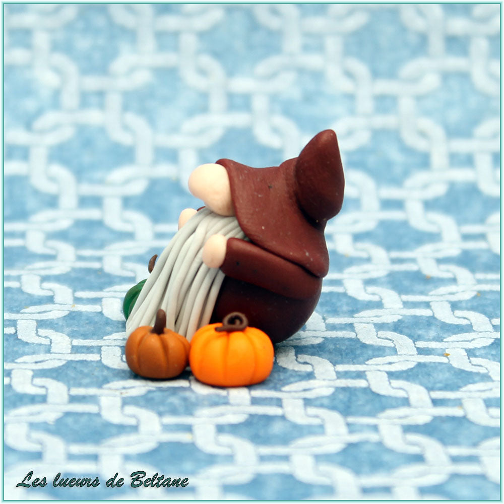 Donn, gnome aux citrouilles fait main, vue rapprochée